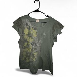 Faded Glory Olive Green Floral Ruffle Sleeve Tee